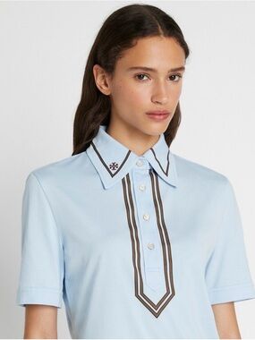 NWOT Tory Burch Light Blue Polo Tee with Brown Trim